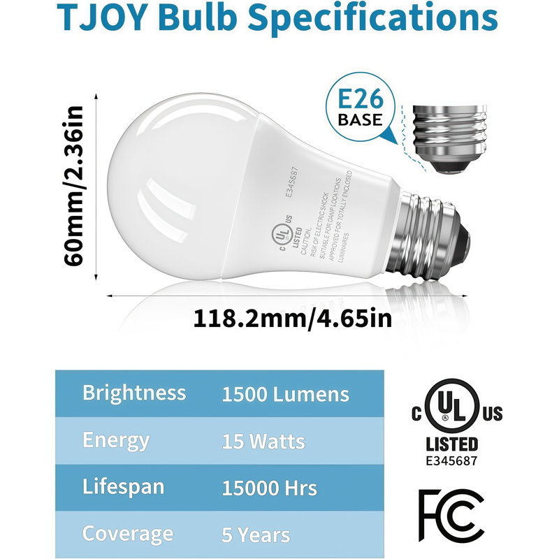 A19 ampoules DEL de forme standard, ampoules de rechange équivalentes 100 W à lumière du jour de 100 000 W (pour 4), Set of 4