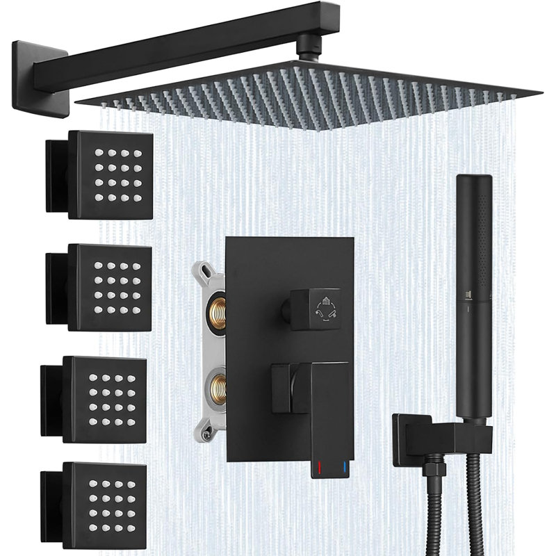 12 Inch Rain Shower Head System 4 Full Body Jets Set, Wall Mounted High Pressure Rainfall Shower Faucet Fixtures Combo With 2 In 1 Handheld Sprayer Hand Showerhead For Bathroom, Matte Black