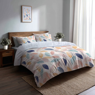 Abstract Bedding Set Of 3 Pcs - Contemporary Boho Blue And Pink Boho Petals Duvet Cover And Throw Pillow Set