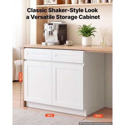 Meuble bas blanc de style Shaker à assembler, 91,4 cm de largeur (non assemblé), dimensions : 91,4 cm (L) x 61 cm (P) x 87,6 cm (H), avec 2 portes, 2 tiroirs, une étagère réglable et des ferrures à fermeture amortie. Parfait pour la maison, le bureau et la buanderie.