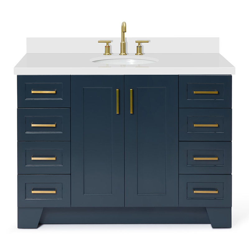 Freitas 48'' Solid Wood Single Bathroom Vanity, Midnight Blue, Rectangle, White Quartz
