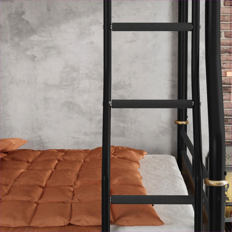 Lit superposé détachable industriel, lit superposé double compact sur un grand lit en métal noir mat pour les adolescents et les chambres d'amis