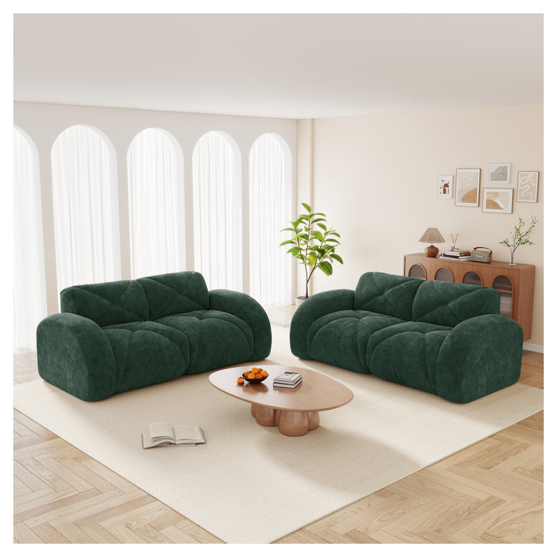 Ensemble de canapé 2 pièces à assise profonde en velours vert, canapé 2 + 2 places confortable, mobilier de salon moderne sans assemblage