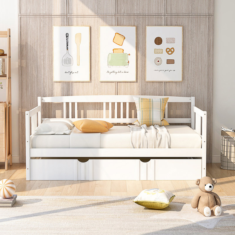 Lit de jour en bois avec lit gigogne simple, Lit simple, Blanc