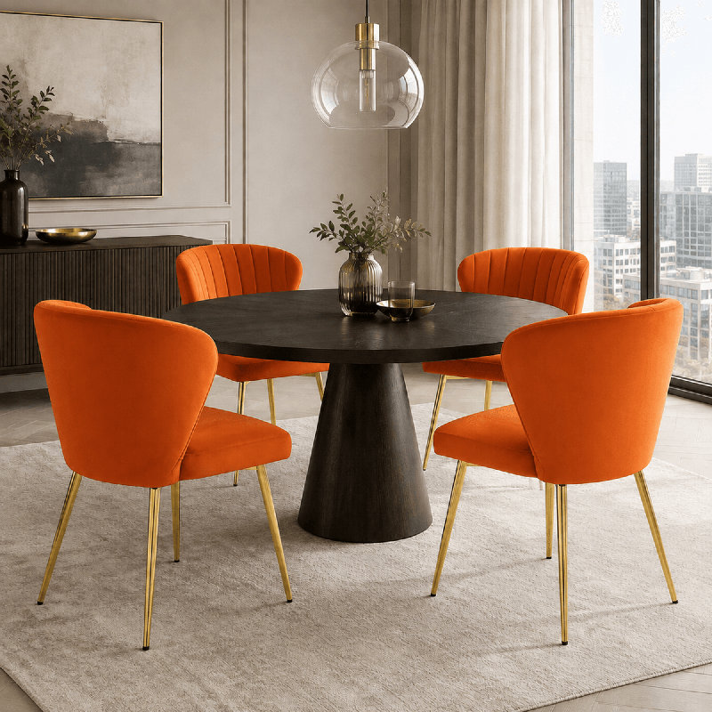 Chaise de salle à manger 4 pièces en velours capitonné orange avec pieds en métal, Orange