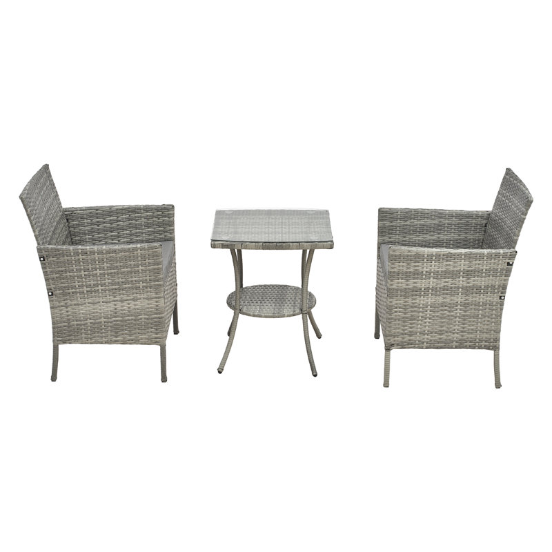 3-Piece PE Rattan Garden Furniture Bistro Set, Grey Cushion/Grey Frame