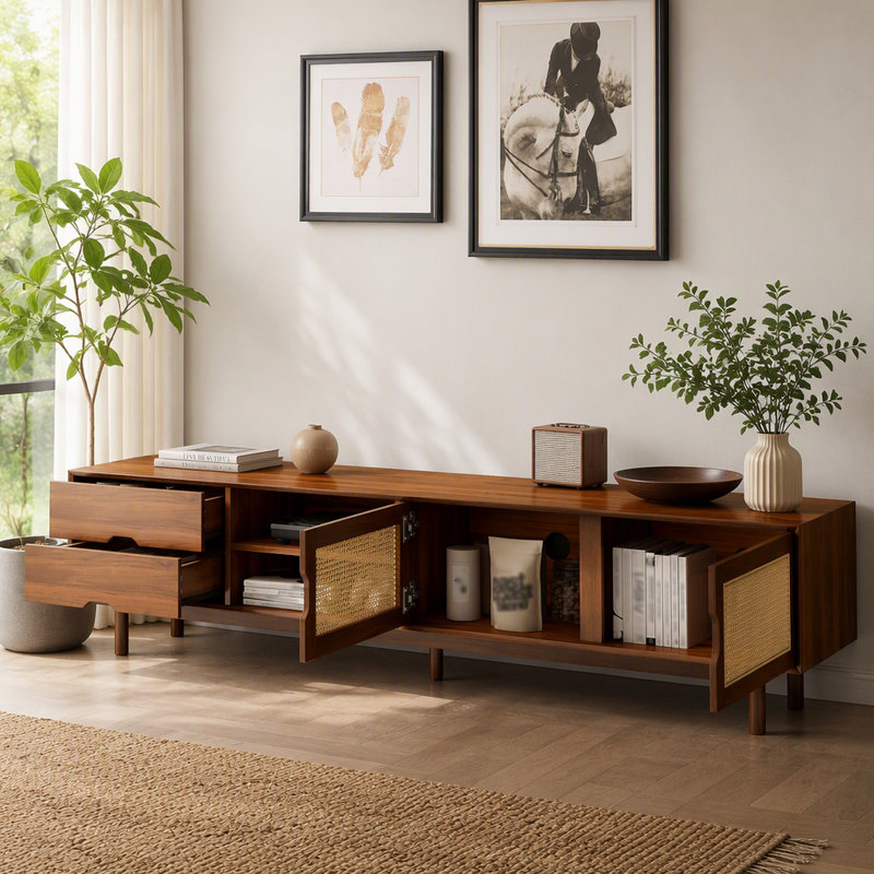 Meuble télé de 78 po avec façades en rotin, console multimédia moderne avec 2 tiroirs et pieds en bois massif pour salon