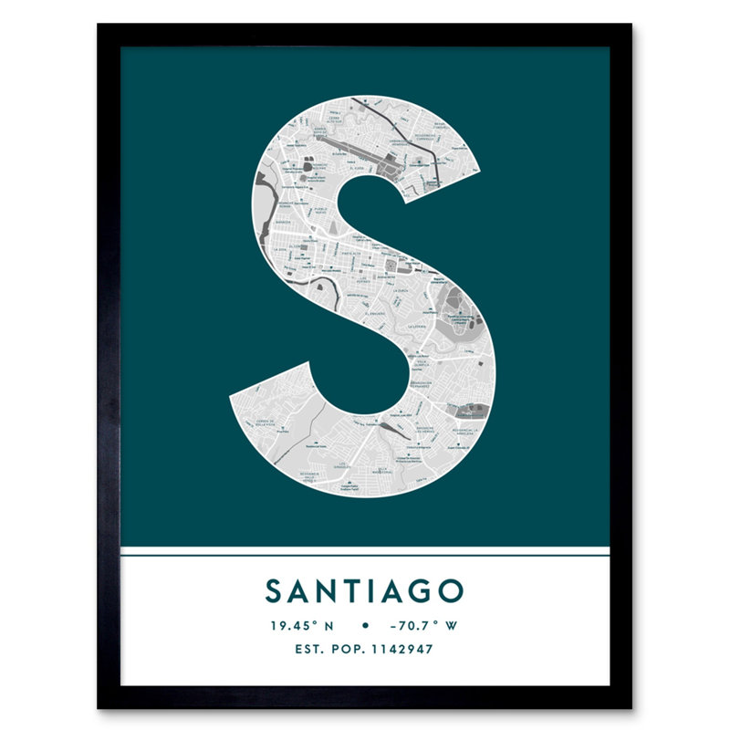 Santiago City Map Santiago Teal by Wee Blue Coo - Single Picture Frame Typography