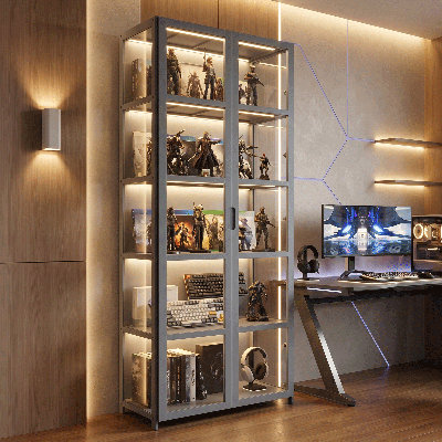 Modern Home Office 63" 5-Tier Transparent Display Cabinet Acrylic Double Door Floor-Standing Showcase Bookshelf Curio Cabinet For Living Room Bedroom
