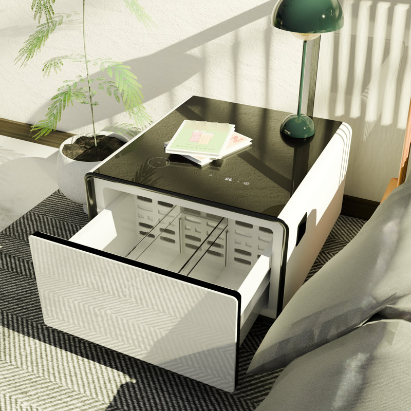 Table d'appoint moderne et moderne de couleur blanche, avec réfrigérateur intégré, charge sans fil et prise de courant. Le tiroir de refroidissement à température réglable permet de ranger les boissons et les collations. Compresseur à haut rendement pour un fonctionnement silencieux