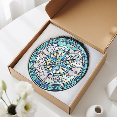 Compass Rose Stained Glass Window Panel，7.8H
