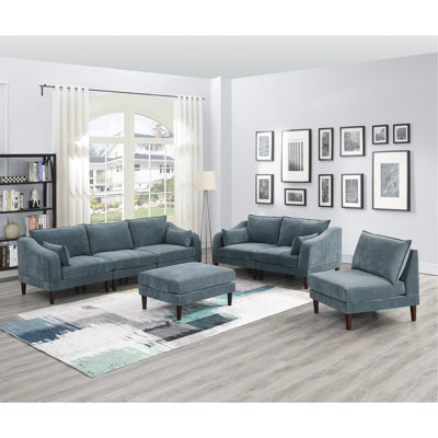 Ensemble de canapés modulaires 6 pièces, 4 chaises à un accoudoir, 1 chaise sans accoudoirs, 1 repose-pieds, tissu de couleur minérale, tissu Morgan