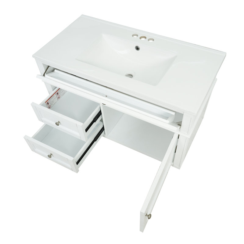 Meuble de salle de bain suspendu moderne avec 2 tiroirs et rangement basculant blanc