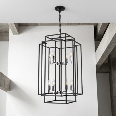 31'' 8-Light Farmhouse Black Chrome Metal Lantern Chandelier for Dining Room and Living Room