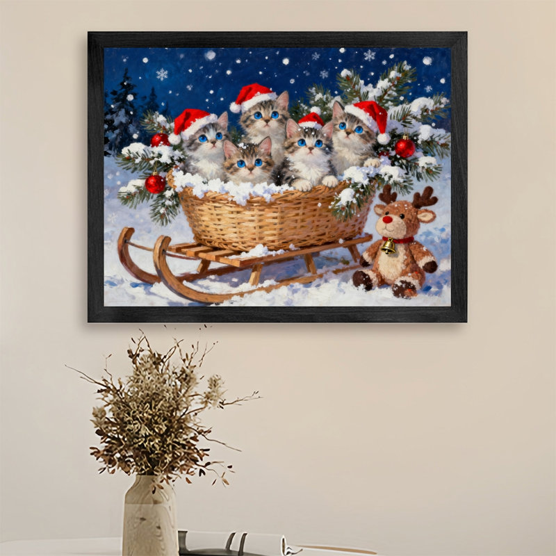 «Merry Christmas», art mural rétro noir, cinq chats de Noël, impressions de style rétro, H 9 po x l 11 po