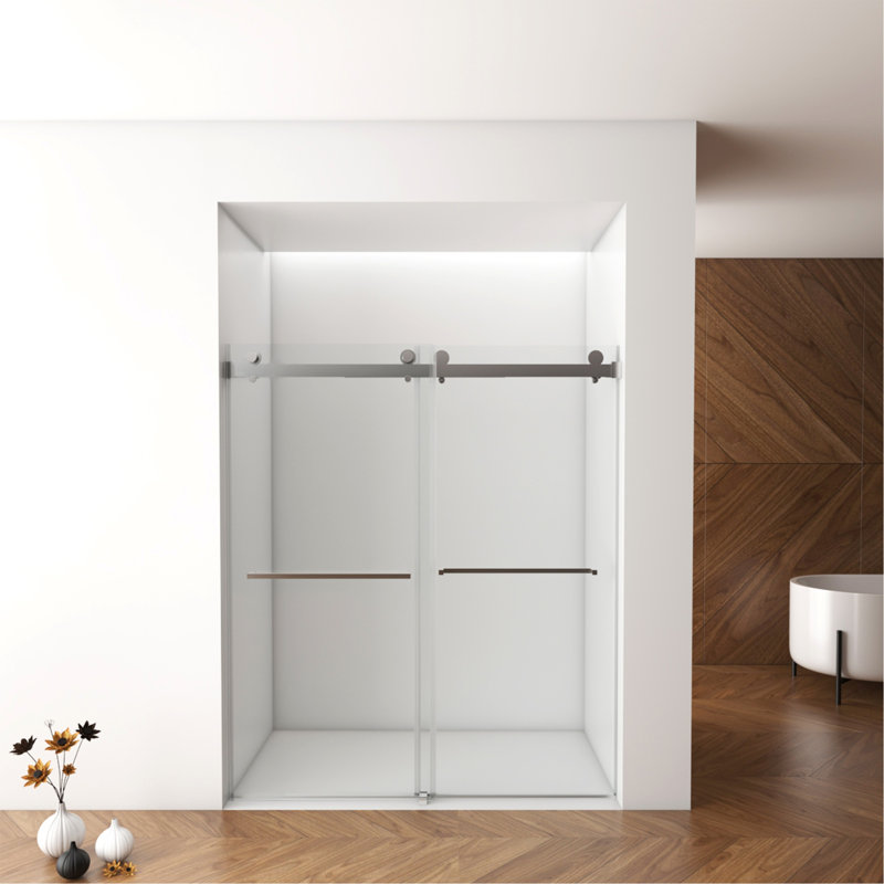 56"-60"W X 76"H Frameless Shower Door, Double Sliding Shower Door, 3/8'' (10Mm) Clear Tempered Glass Shower Enclosure With Square Rail,Double Side Easy Clean Coat,Brushed Nickel Finished With Buffer