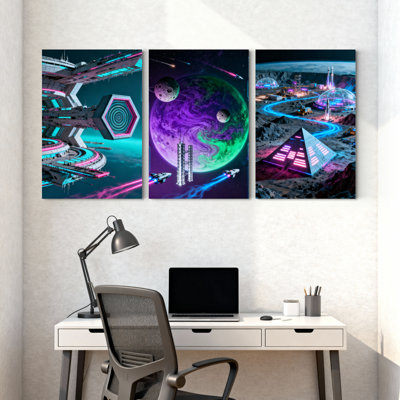 Fantasy & Sci-Fi Station spatiale, ensemble de 3 impressions sur toile