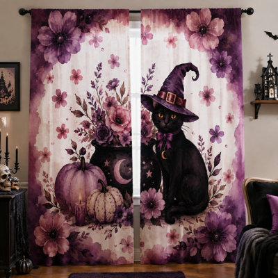 2Pcs Cat Witch Hat Halloween Curtains, Whimsical Floral Witchy Decorations for Living Room Bedroom Kitchen Window Drapes, Home, Wall, Holiday, Party Supplies