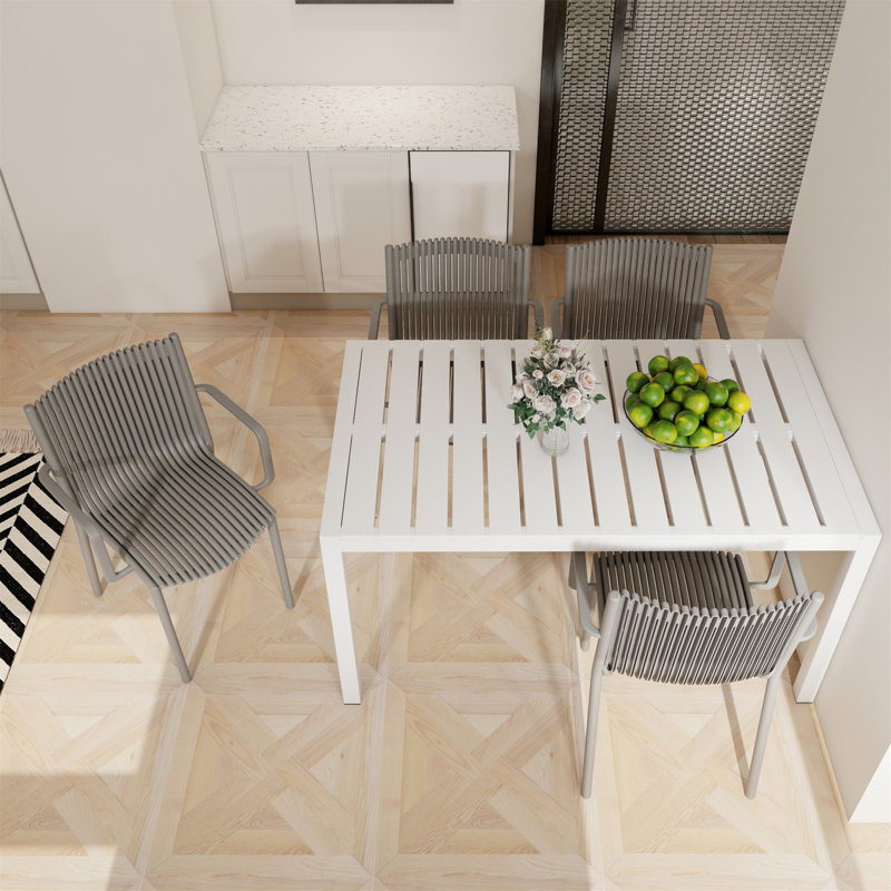 Holiday - 4Pcs Warm Grey Stackable PP Armchair For Indoor/Outdoor Use – Ergonomic Slatted Back With 55 Inch White Modern Long Table - Indoor/Outdoor- Lightweight PP Tabletop With Metal