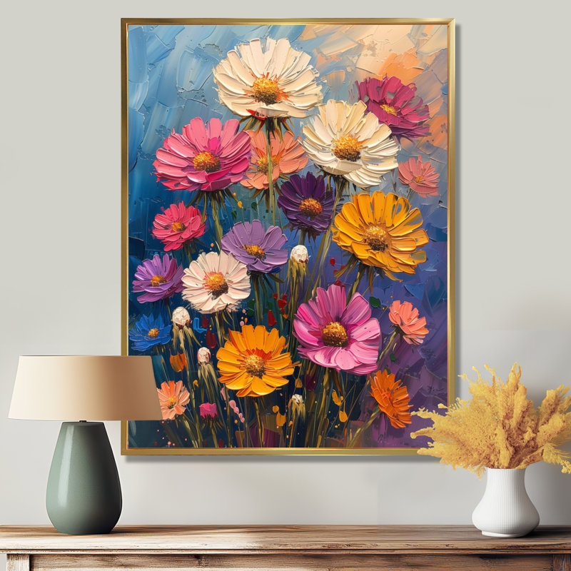 Collage de fleurs de pissenlit blanc et mauve blanc II, Cadre flottant doré, H 34 po x l 44 po