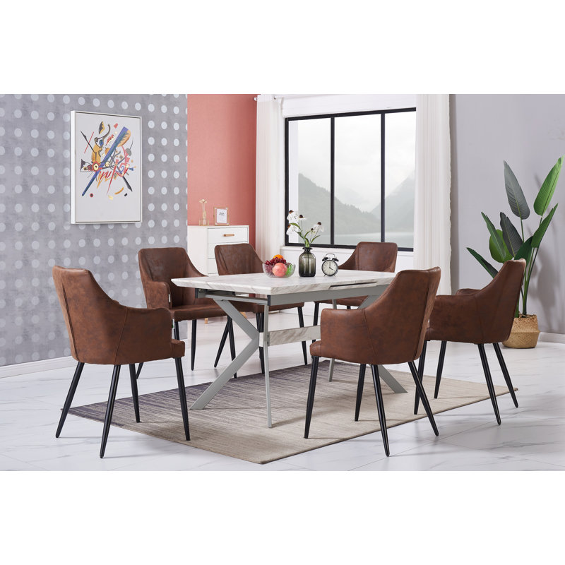 Eatonton 6 Person Dining set - a Rectangular Extendable Dining Table with Metal Legs and a Set of 6 Faux Leather Dining Chairs for Dining Room - Modern Dining Table Set