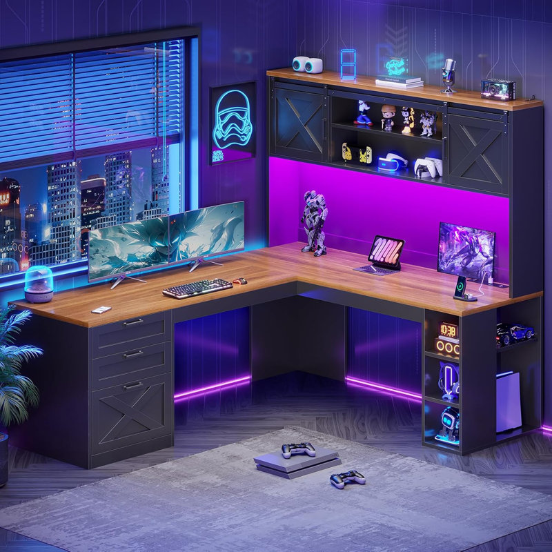 Bureau d'ordinateur en L avec bureaux en L 67 po, Brun / noir