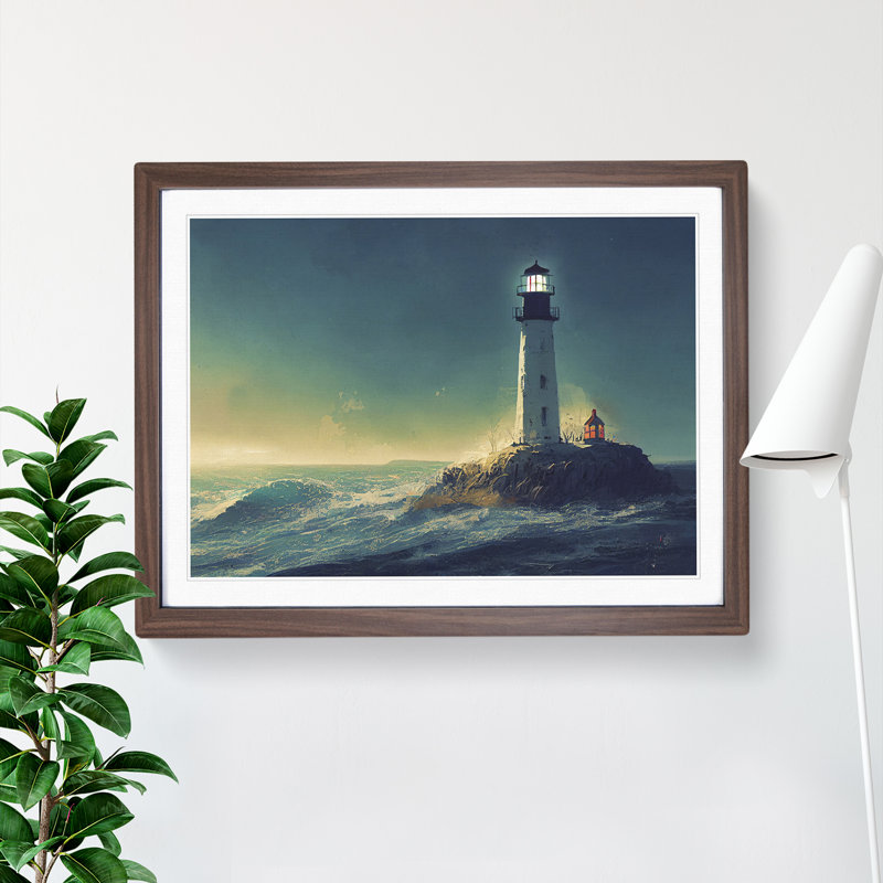 XH1022-7102X Powerful Lighthouse Sunrise 1 Piece Single Picture Frame Wall Art, 34cm H x 46cm W x 2cm D, Walnut Framed