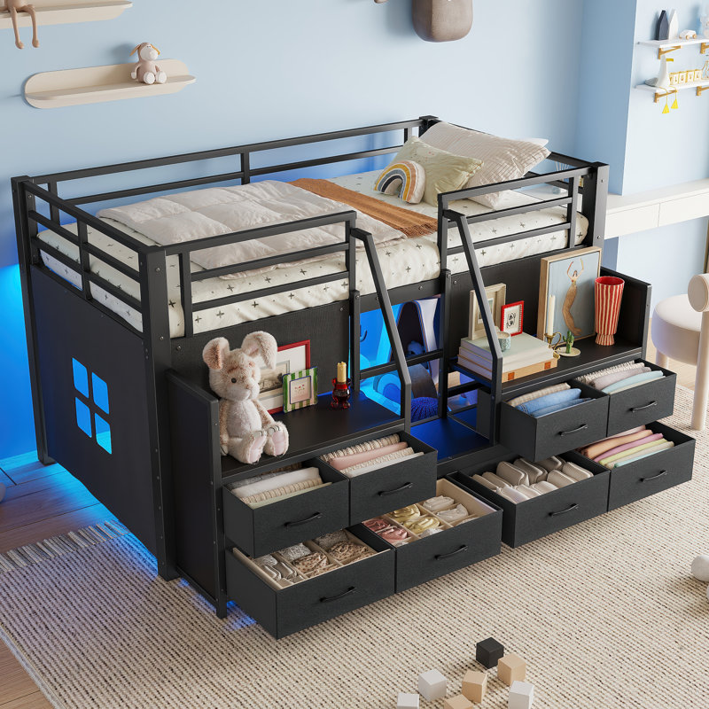 Lit simple mezzanine bas avec tiroirs de rangement, tablettes et lumières, lit mezzanine en métal avec espace sous le lit, sans sommier, noir