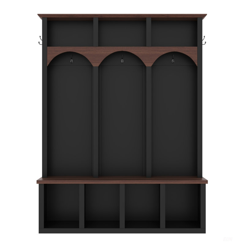 Farmhouse Wooden Style Hall Tree With Arched Design, Practical Entryway Walnut Storage Bench With 5 Black Hooks, Minimalist 4-In-1 Hallway Shoe Cabinet With 7 Cubbies For Mudroom, Living Room, Black