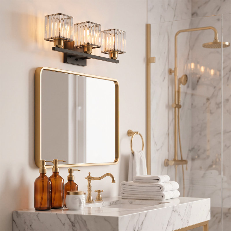 3-Light Crystal Dimmable Vanity Light, Black+Brass