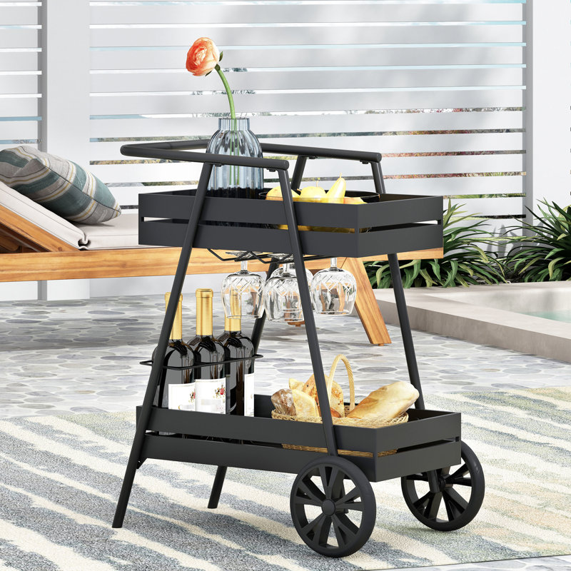Modern Industrial Style Iron Frame Bar Cart, Mobile With Smooth Wheels, Wine Bottle Holders - 27.25" W X 17.1" D 31.75" H, Black Cart Construction, 3