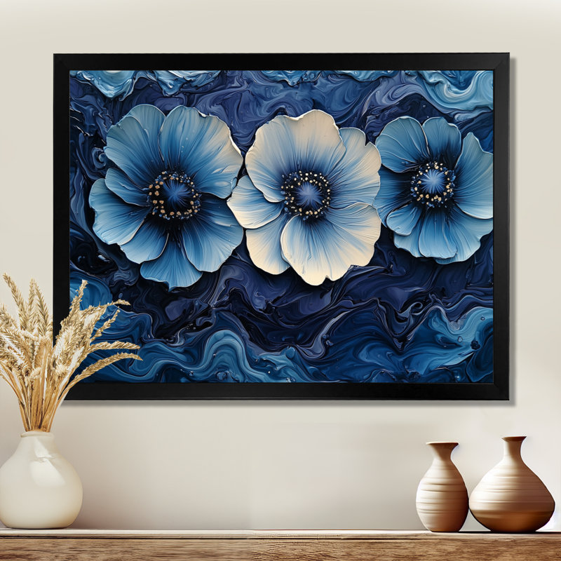Aqua bleu coquelicots, paysage de rêve la nuit I - coquelicots, art mural, H 12 po x l 20 po, Cadre simple noir