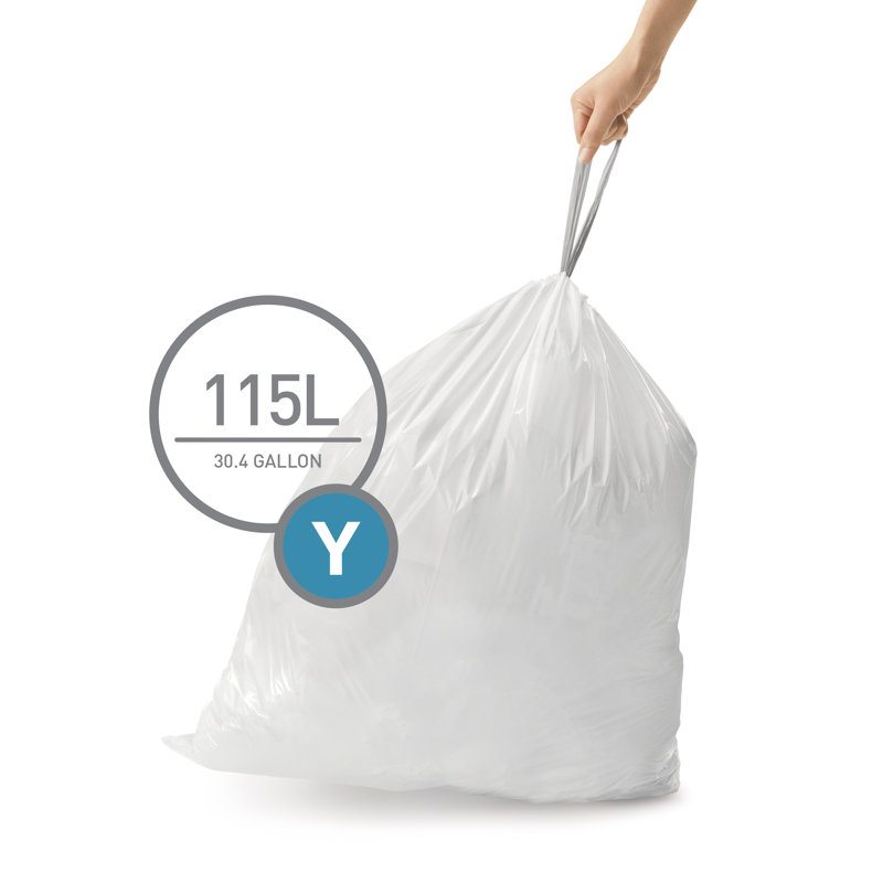 Simplehuman Code Y Custom Fit Drawstring Trash Bags, 115 Liter / 30 Gallon, White, 200 Count