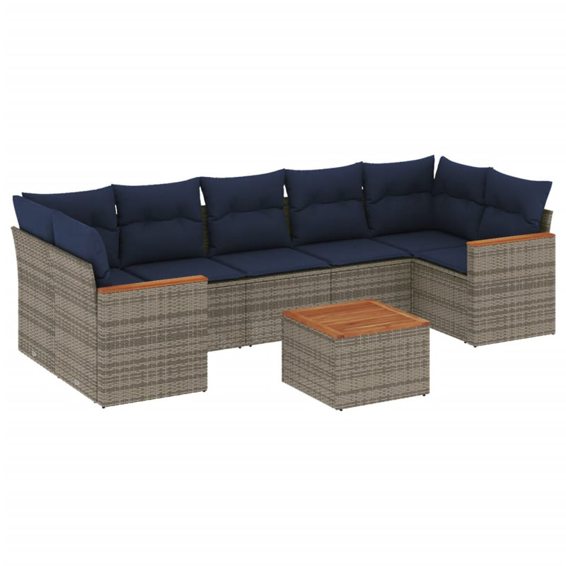 Ensemble de canapé de patio 8 pièces avec coussins en rotin de polyester, Marine, Gris