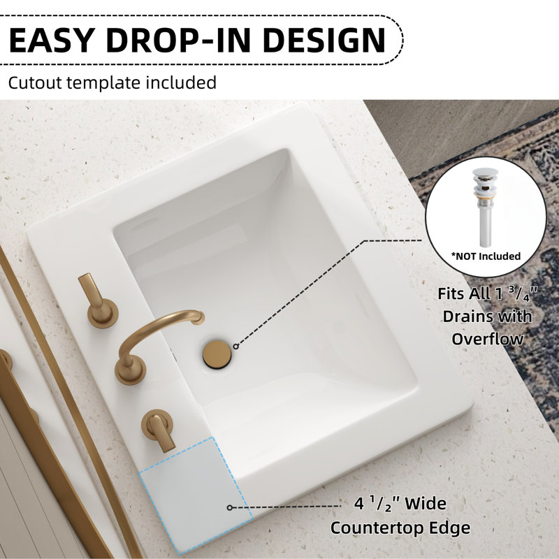 Lavabo de salle de bain encastré rectangulaire en céramique avec trou pour robinet et trop-plein Los Flexi, Centres de 8 po