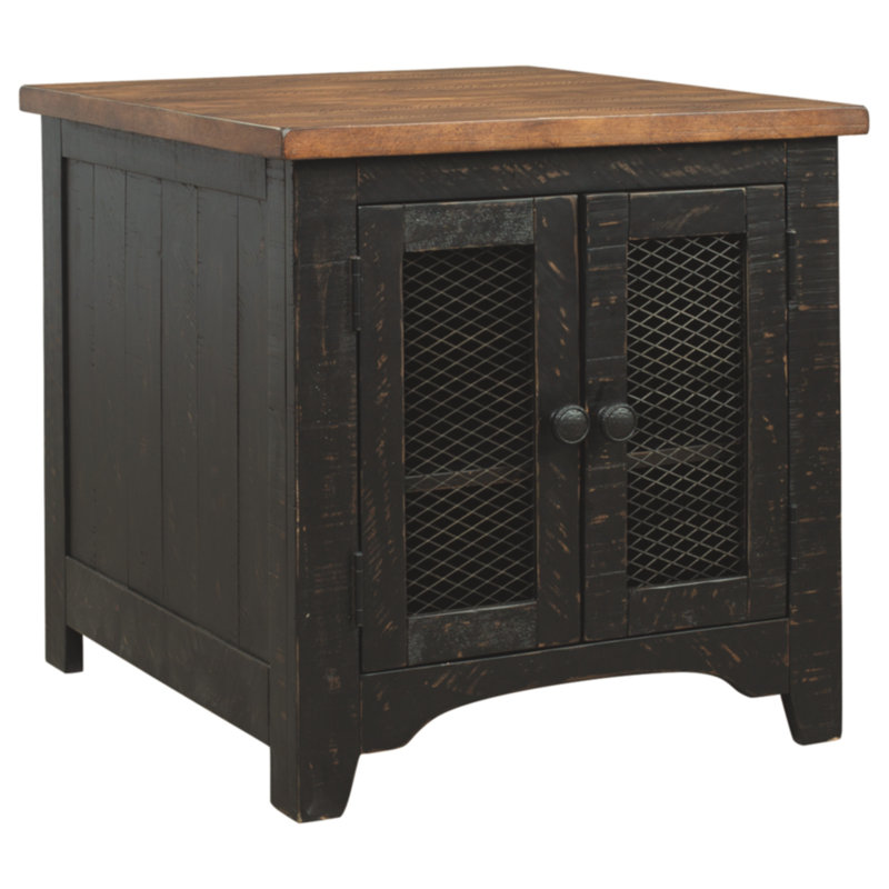 Valebeck Vintage Black and Brown Rectangular End Table with Interior Shelves