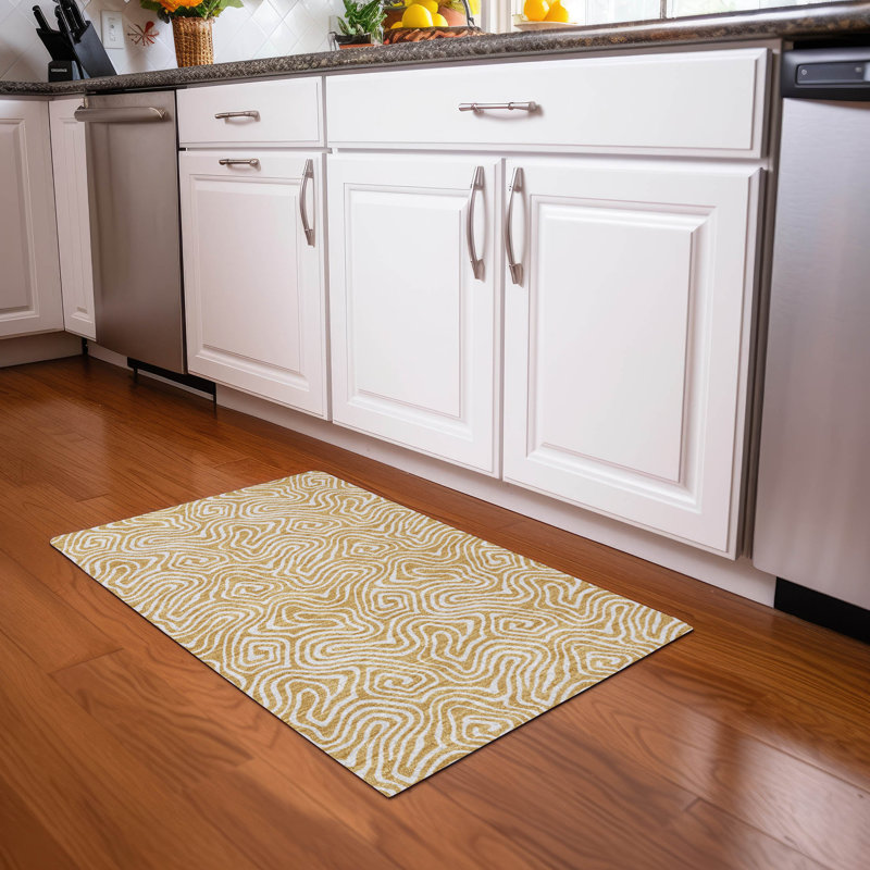 Gold Rectangular Machine Washable Synthetic Rug 30" x 20"