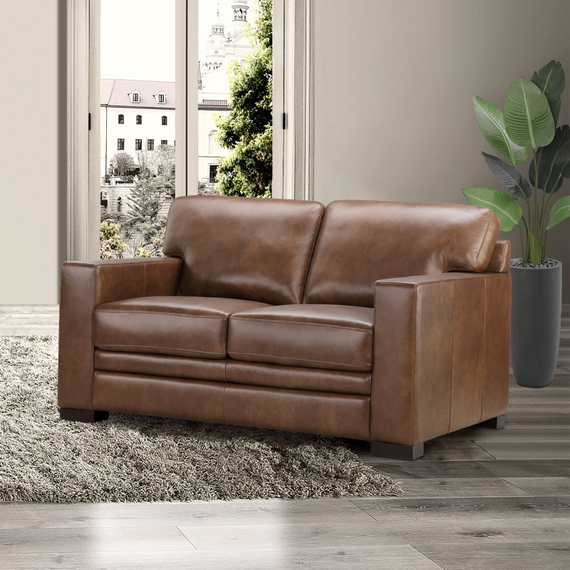 Upholstered 60'' Loveseat, Brown Top Grain Leather