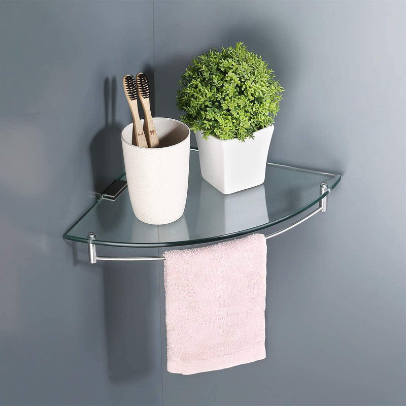  Bathroom Triangle Corner Floating Glass Corner Shelf with Stainless Steel Rail Extra Thick Shower Caddy Wall Mount, White