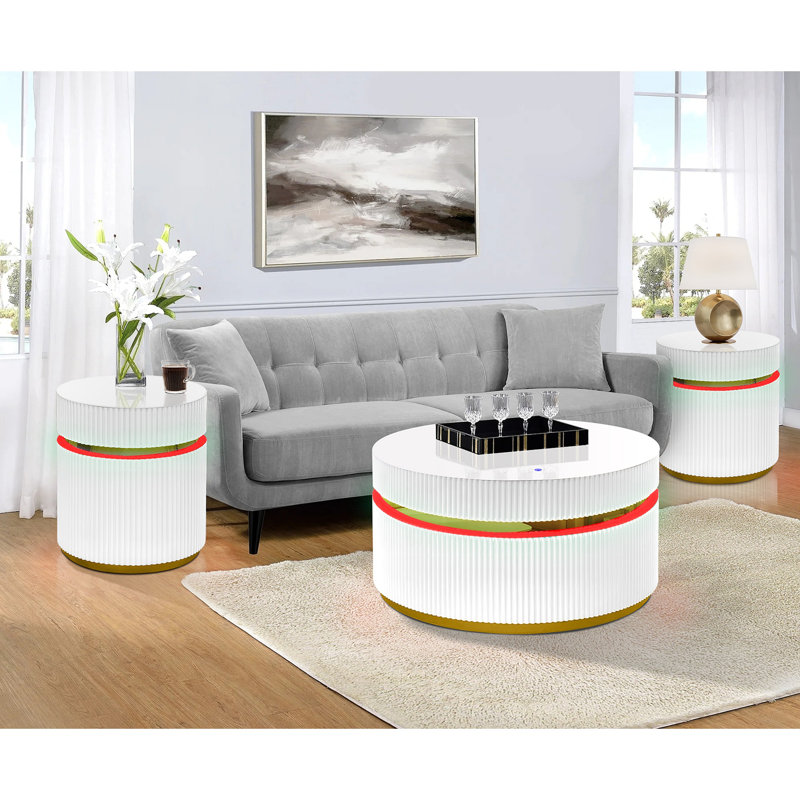 Ensemble de tables basses rondes 3 pièces avec plateau en verre et lumières DEL Tavita