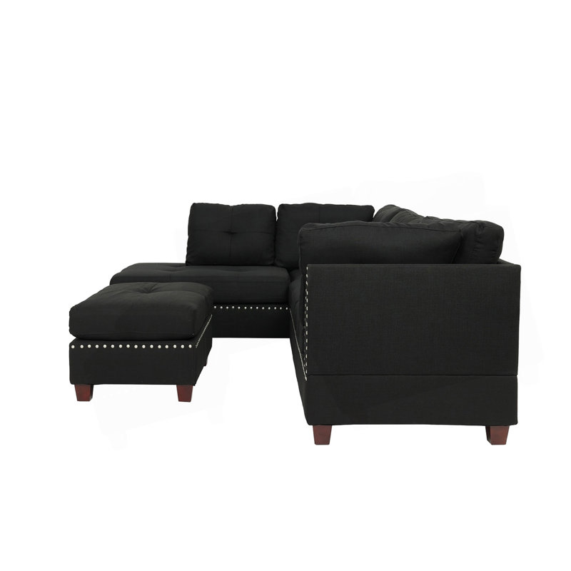 Reversible Polyfiber Sectional Sofa With Ottoman, Black