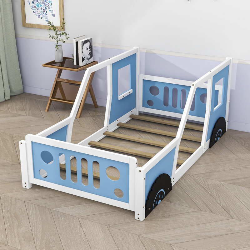 Annecorinne Car-Shaped Wooden Bed,Platform Bed,Bed Frame, Twin, Blue/White