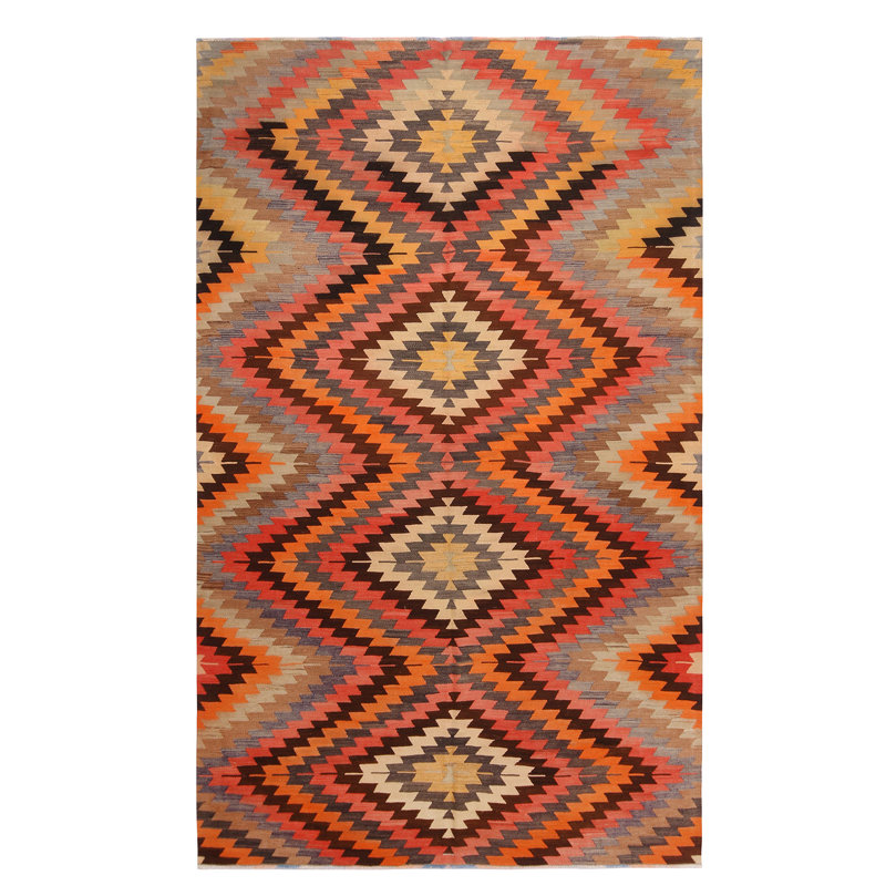 Hand Knotted Wool Geometric Area Rug in Orange/Red