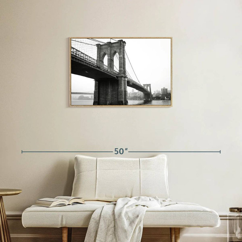Monochromatic Brooklyn Bridge, Floating Frame Natural Wood, 31" X 21"