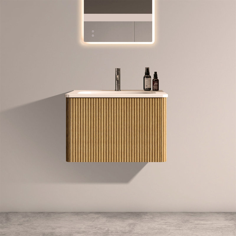 24" Striped Bathroom Vanity with White Ceramic Sink, Wall Mounted Floating Bathroom Vanity for Bathroom, Oak