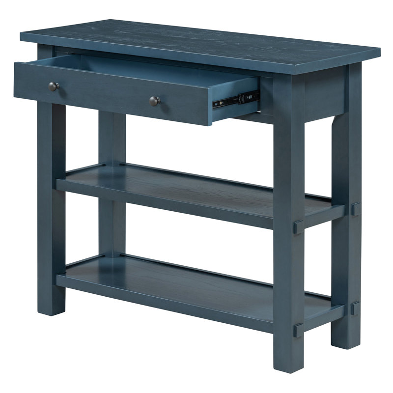 Retro Console Table With Drawer And Two Sturdy Shelves For Entryway, Living Room, Navy
