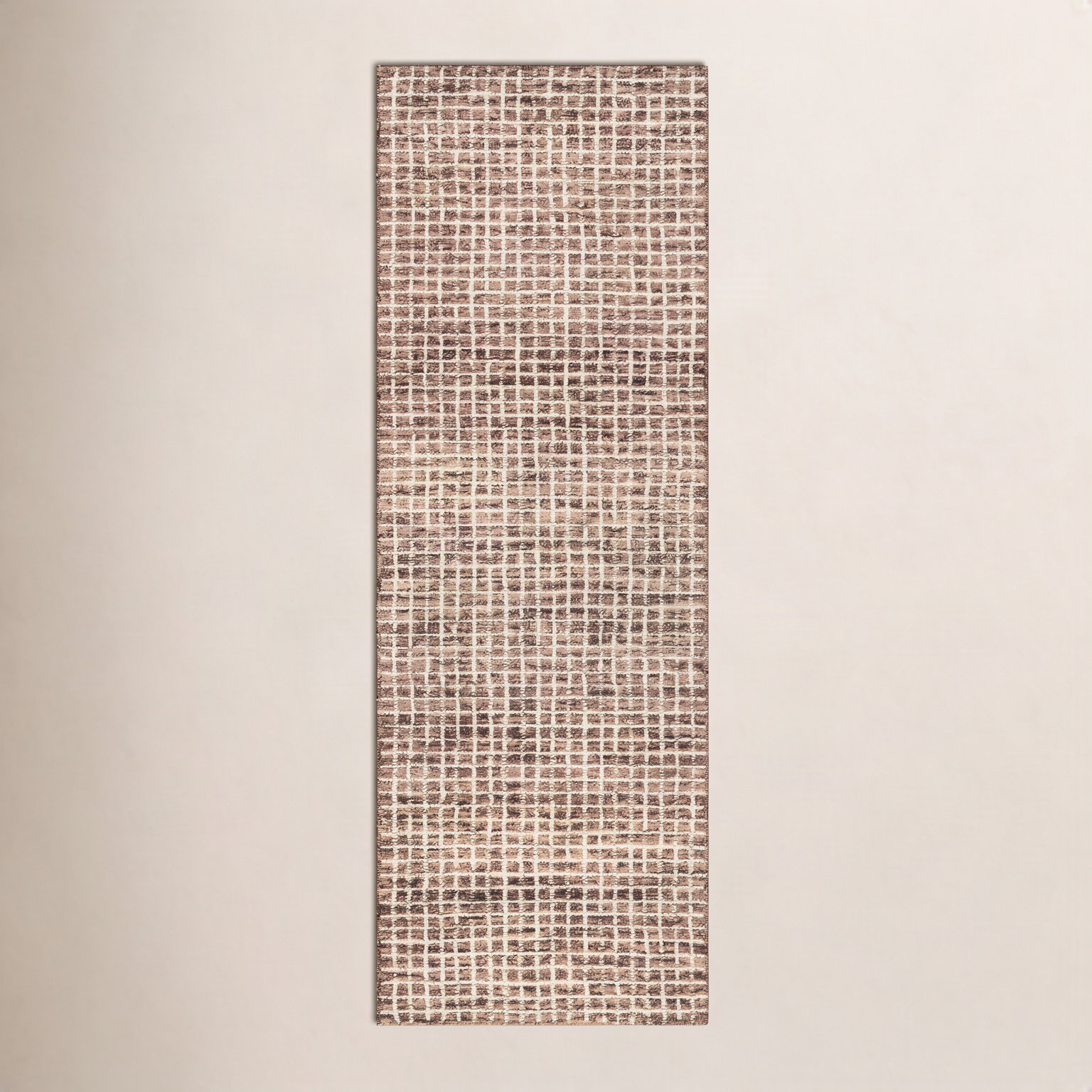 Brown Hand-Tufted Checkered Wool Rug, Runner 2'6" x 10'
