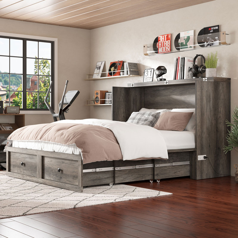 Grand lit escamotable avec station de charge et de rangement Revan Farmhouse, gris, Grand lit, Gris