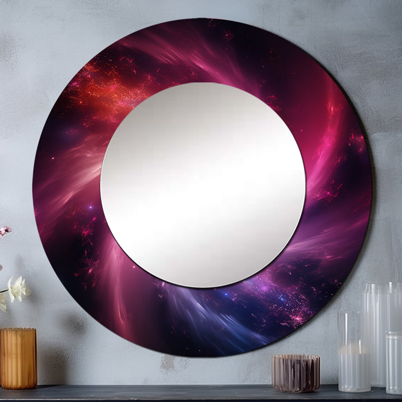 Pink And Black Nebulous Nexus - Abstract Spirals Decorative Mirror, Modern Large Round Wall Mirror, Printed Metal Art
