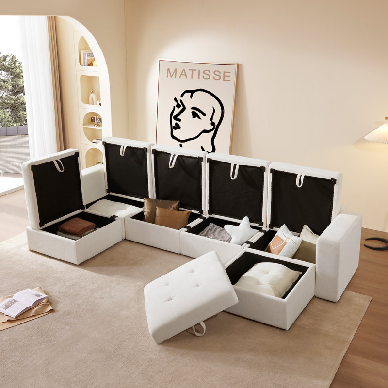Zakeem Upholstered U-Shaped Sectional Reversible, White Boucle